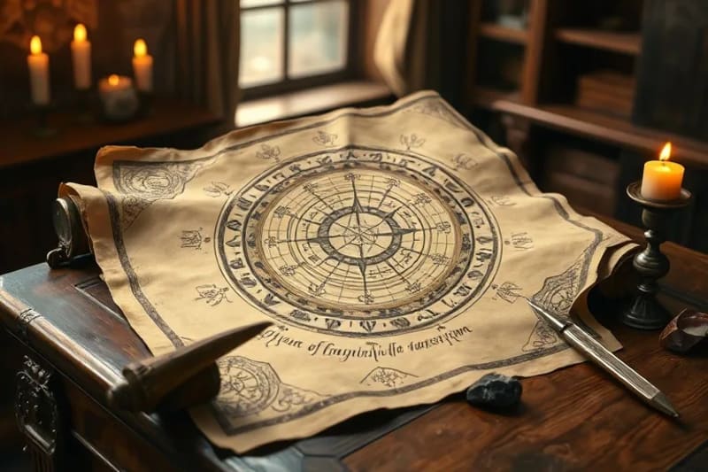 An antique desk with a detailed scroll showing lunar mansion diagrams and astrological charts.