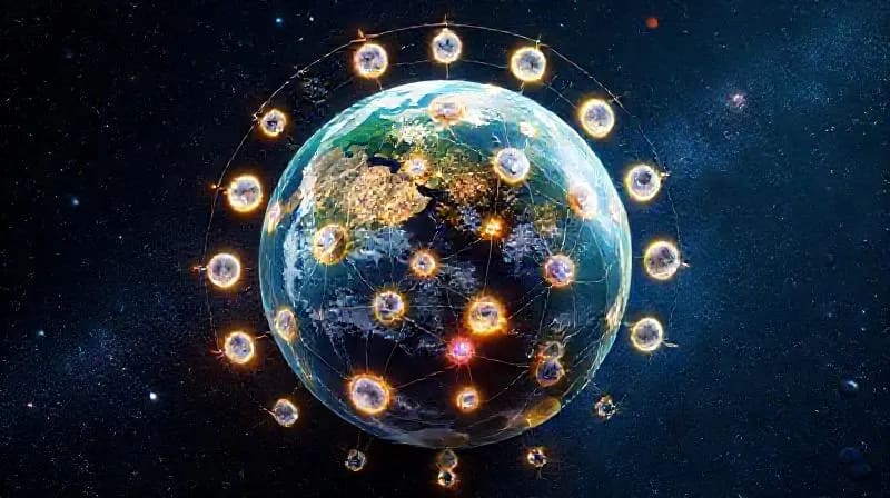 A stylized Earth with an overlay of lunar energy lines, highlighting life event hotspots.