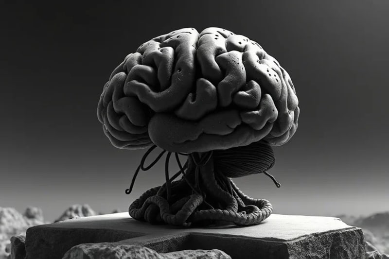 Escultura digital fragmentada de un cerebro humano con cables y código, sobre pedestal de piedra, fondo de vacío monocromático.