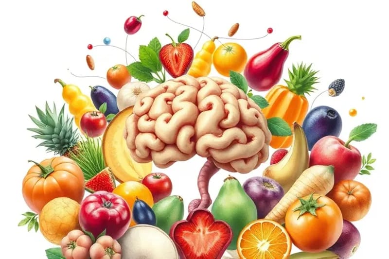 Una variedad de alimentos fermentados y vegetales coloridos que representan una dieta rica y equilibrada para la salud intestinal.