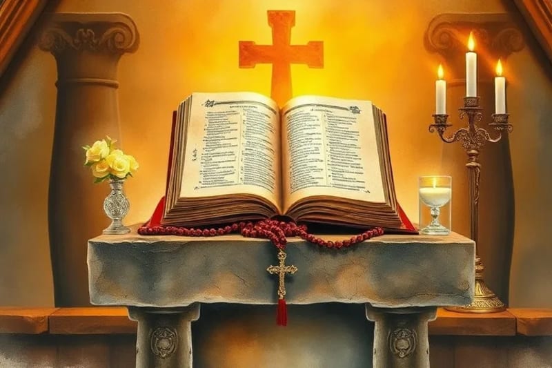 Una colección de sacramentales como rosarios, agua bendita, escapularios y velas benditas, dispuestos sobre un altar de madera con una luz cálida.