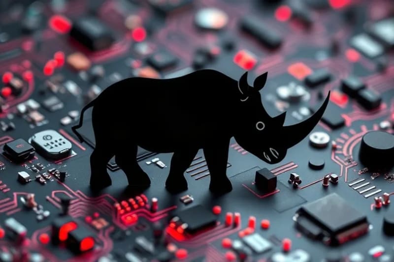 Stylized infographic showing threats to rhinoceros populations: poaching, habitat loss, and climate change.