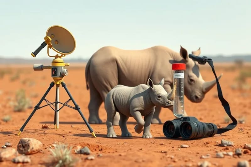 Conceptual still-life of rhino conservation tools: satellite tracker, DNA vial, rhino calf miniature, binoculars.