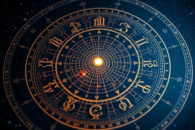 Intricado mecanismo de relojería cósmica con símbolos astrológicos, representando el orden del universo y el destino del alma.