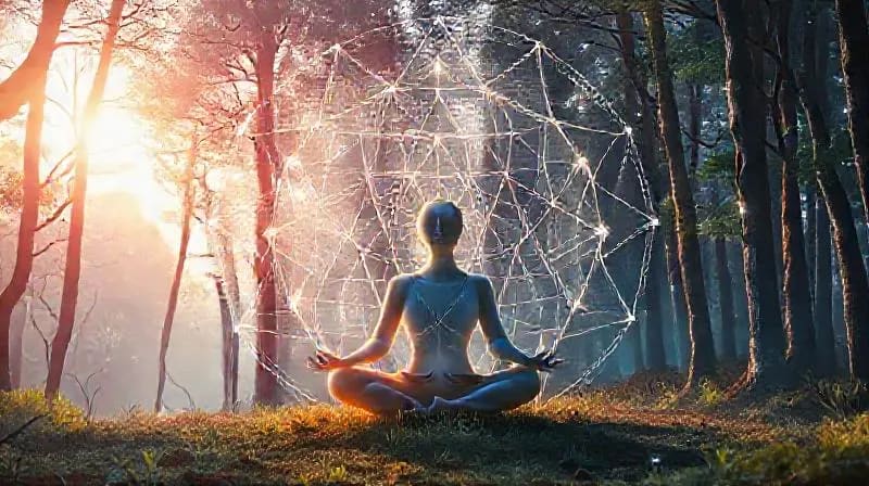 Meditating figure with geometric sound patterns
