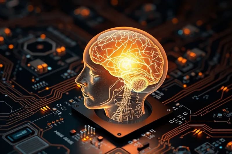 Bodegón conceptual de una cabeza humana translúcida con neurales iluminados, rodeada de artefactos digitales y un qubit flotante.