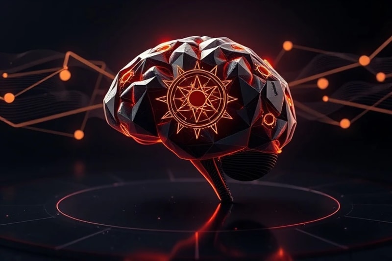 Render 3D de un cerebro estilizado emitiendo ondas de luz holográficas con patrones cósmicos
