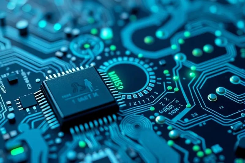 Vector art illustrating interconnected gears and human figures, symbolizing the integration of technology and human labor, with smart contract code snippets flowing.