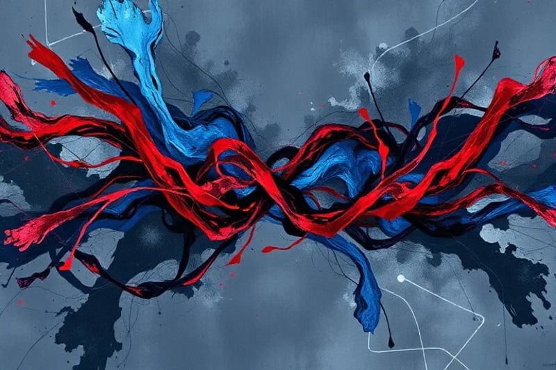 Abstract oil painting depicting the complexities and potential conflicts of digital contracts in a human context, with interwoven lines and contrasting colors.