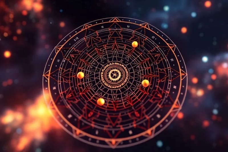 Interfaz de usuario futurista en 3D que muestra una carta astral interactiva, con planetas moviéndose a lo largo de sus órbitas y datos astrológicos resaltados con efectos luminosos, todo dentro de un entorno virtual cósmico.