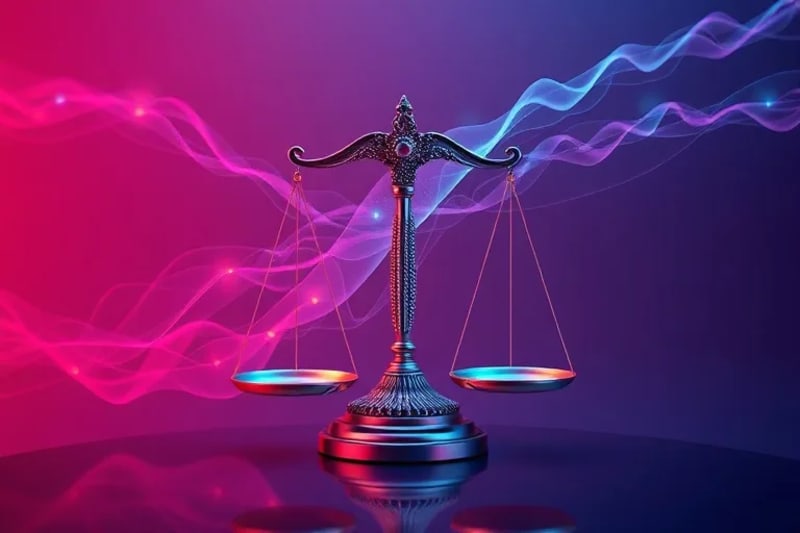 Abstract vector art of legal scales balancing tech and art