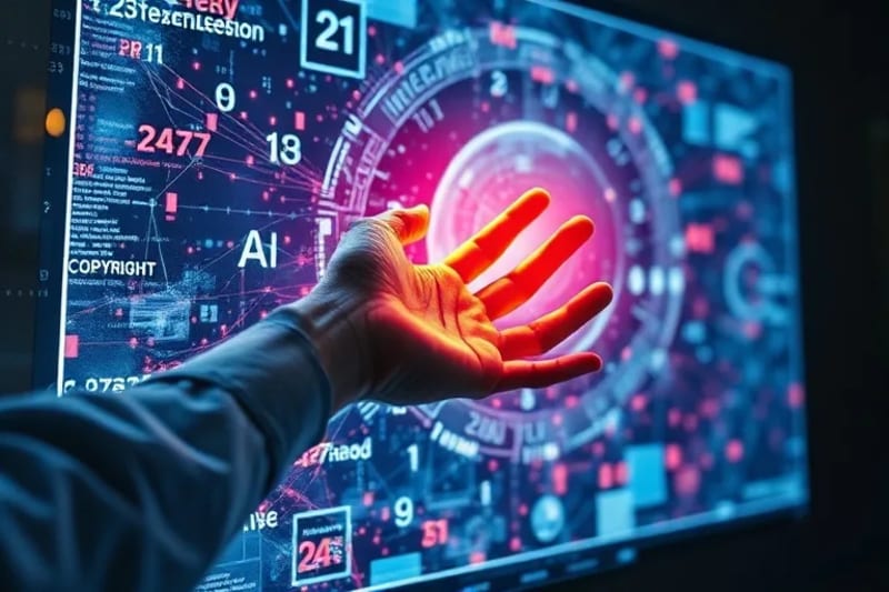 Oil painting of artist's hand interacting with AI art on screen