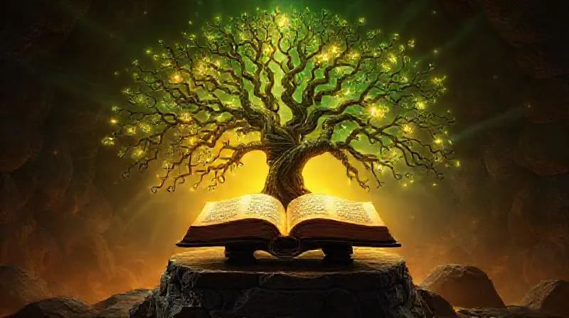 Árbol genealógico estilizado con líneas de energía que conectan generaciones, mostrando nudos oscuros y ramas iluminadas por luz.