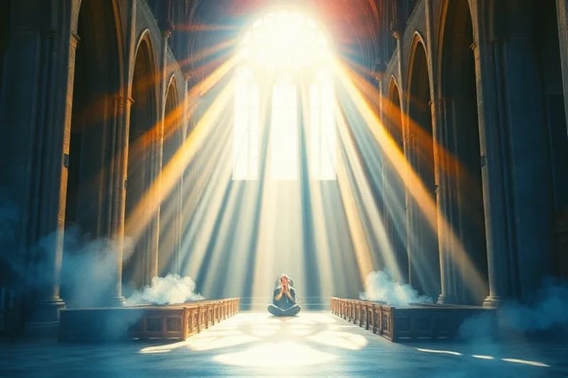 Manos en oración rodeadas de suaves colores de acuarela, con ondas de energía disolviendo formas oscuras en el fondo.