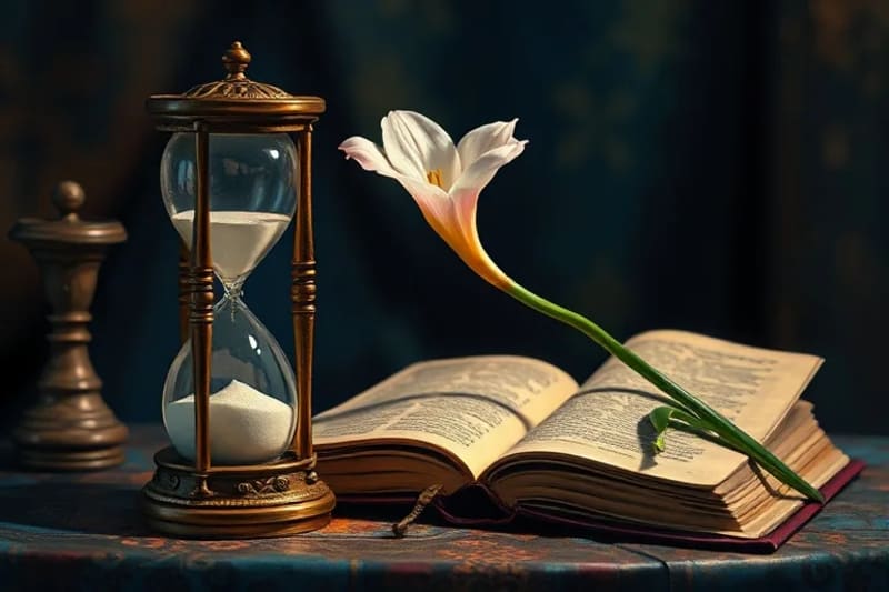 Un bodegón de pintura al óleo con un reloj de arena, un libro antiguo y una flor de lirio emergiendo de patrones digitales abstractos, simbolizando sabiduría y control sobre la tecnología.