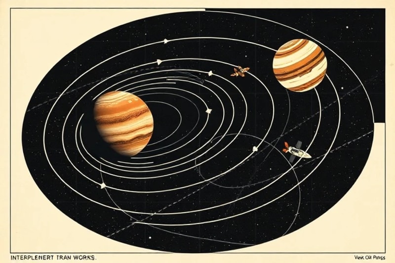 Vector art diagram of Hohmann transfer, gravitational assist, and low-energy trajectories between planets