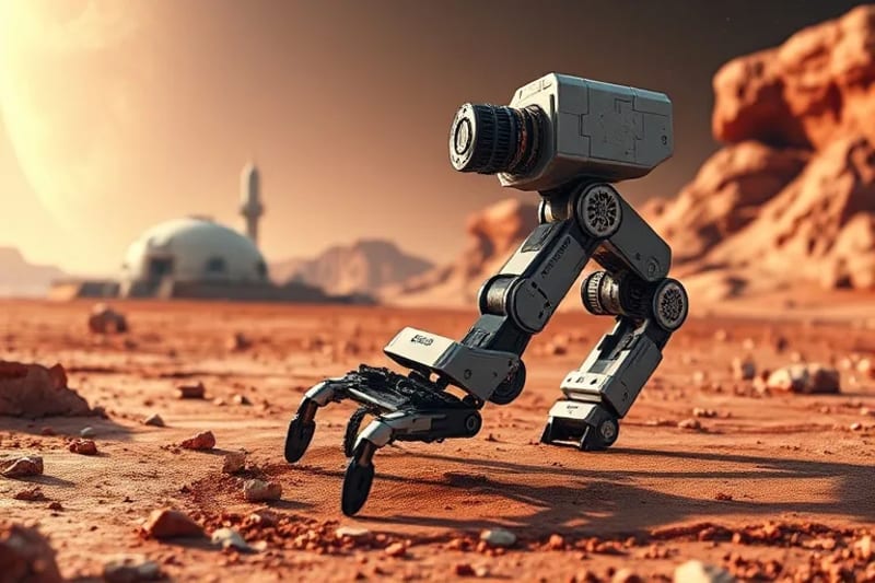 3D render of robotic arm on Mars surface, symbolizing AI-driven exploration and resource utilization
