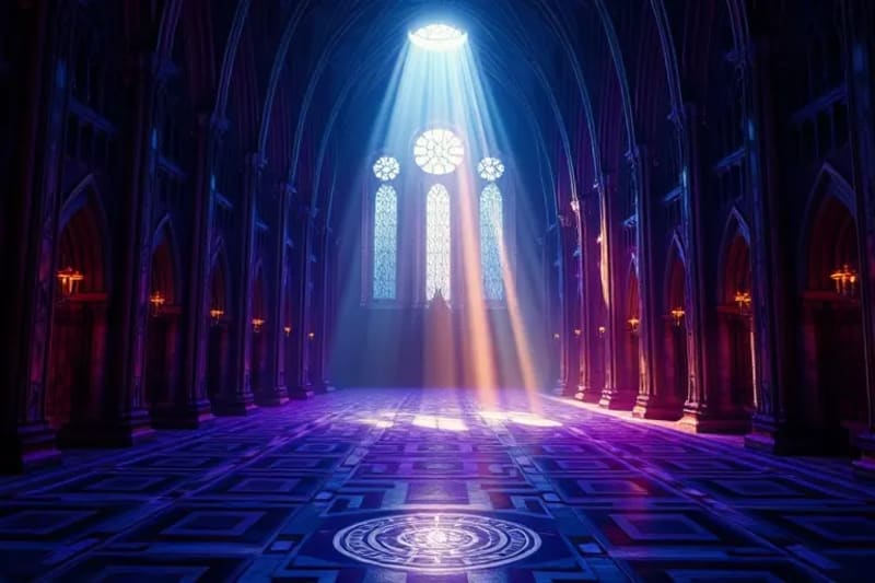 Un render 3D conceptual de un laberinto digital con un punto de luz central que disipa la niebla, simbolizando el discernimiento de la verdad en medio de la desinformación.