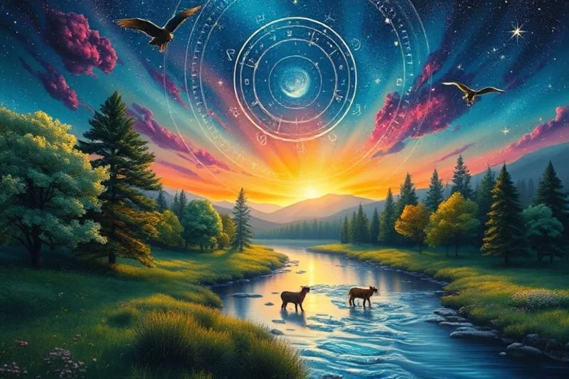 Pintura digital de un paisaje sereno con naturaleza exuberante bajo un cielo estrellado, cuerpos celestes alineados emitiendo luz armoniosa.