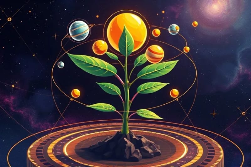 3D render of planetary orbits and celestial mechanics surrounding a stylized, vibrant plant, geometric energy flows connecting planets to the plant's leaves and stem.