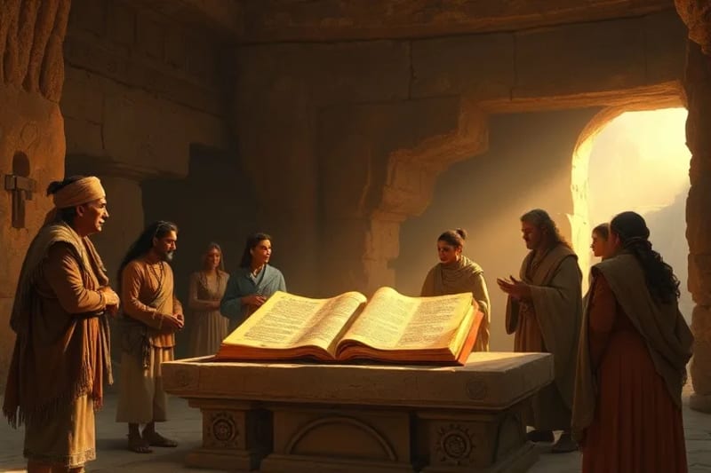 Grupo diverso de personas meditando alrededor de un altar con textos antiguos y modernos
