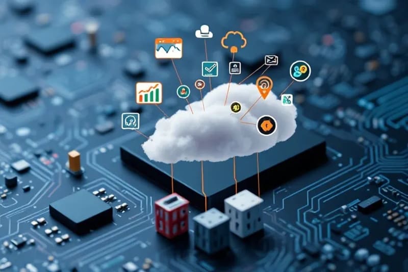 Ilustración vectorial de íconos de aplicaciones SaaS interconectadas sobre una nube, representando la eficiencia y la gestión empresarial.
