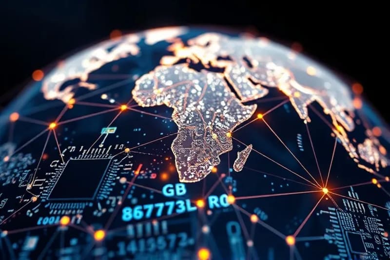 Representación abstracta en 3D de una red global interconectada con líneas luminosas, simbolizando el flujo de datos y el alcance de los mercados emergentes.