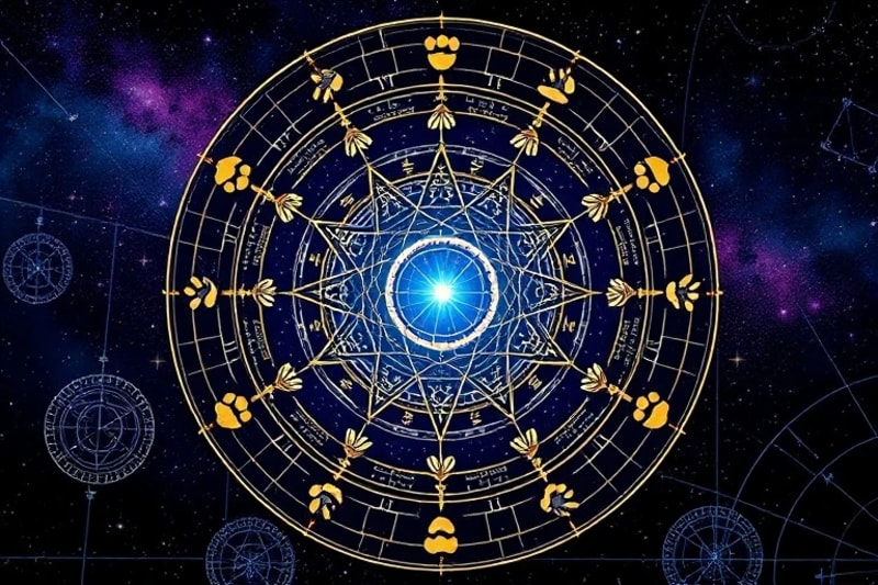 Stylized illustration of a cosmic map with animal paw prints and celestial symbols, representing a pet's astrological chart.