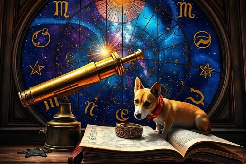 Oil painting of a vintage telescope pointing to a starry sky, with an antique pet collar on astrology books, symbolizing ancient wisdom.