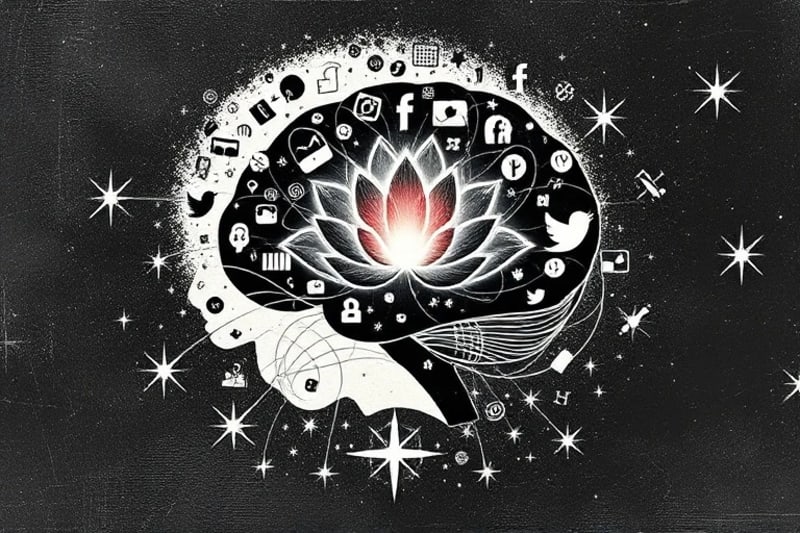 Ilustración de una silueta de mente con iconos digitales y una luz de loto interior