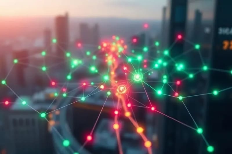 Red de nodos y líneas de datos, algunos resaltados en rojo y verde, simbolizando la complejidad de la toma de decisiones algorítmicas.