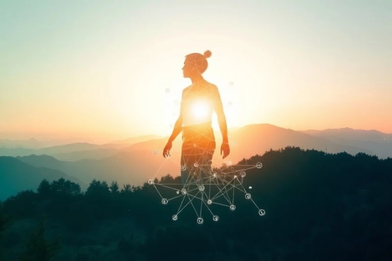 Red de nodos y líneas formando una silueta humana con símbolos astrológicos, representando la conexión zodiacal en el metaverso.