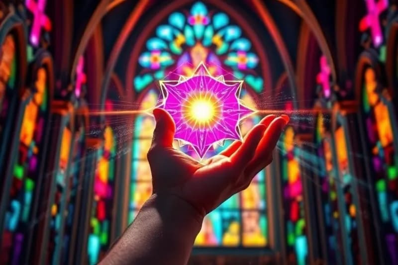 Mano humana tocando una proyección holográfica de geometría sagrada y código binario