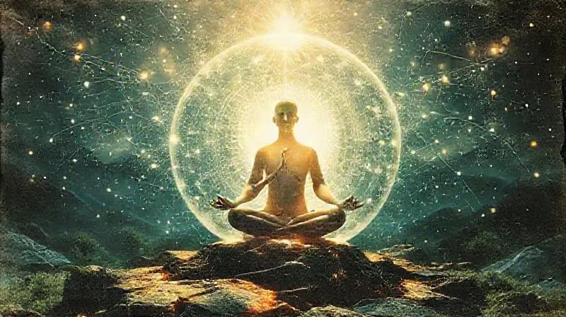 Figura humana serena meditando dentro de una esfera translúcida rodeada de partículas de luz y datos