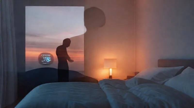 Close-up 3D render of smart home technology like a thermostat and light fixture in a modern bedroom.