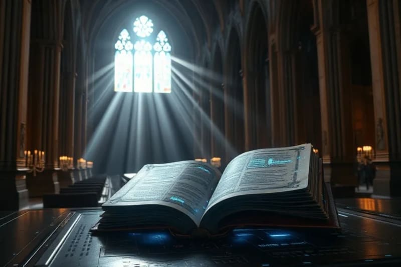Libro antiguo abierto con proyecciones holográficas de código