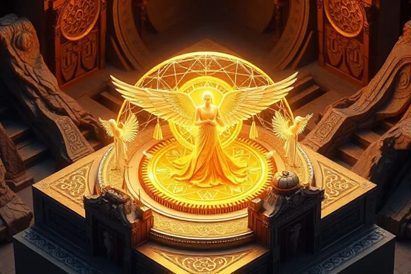 Patrones de geometría sagrada en una esfera celestial, con luz dorada y diseños fractales
