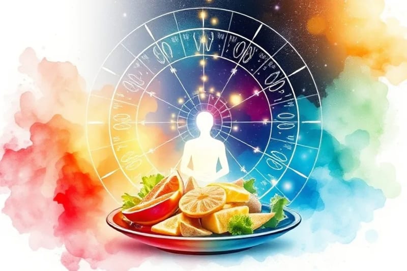 Flujo de energía de chakras hacia un plato de comida