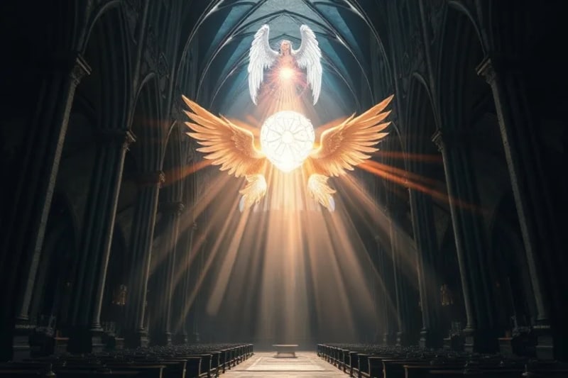 Seres angelicales en un entorno cósmico que irradian luz divina y paz sobre la Tierra, con un enfoque en su papel como protectores de la creación.
