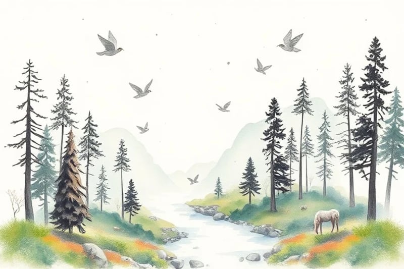 Una ilustración de acuarela de un paisaje natural sereno con sutiles figuras angelicales etéreas integradas, simbolizando su papel como guardianes del mundo natural y su armonía.
