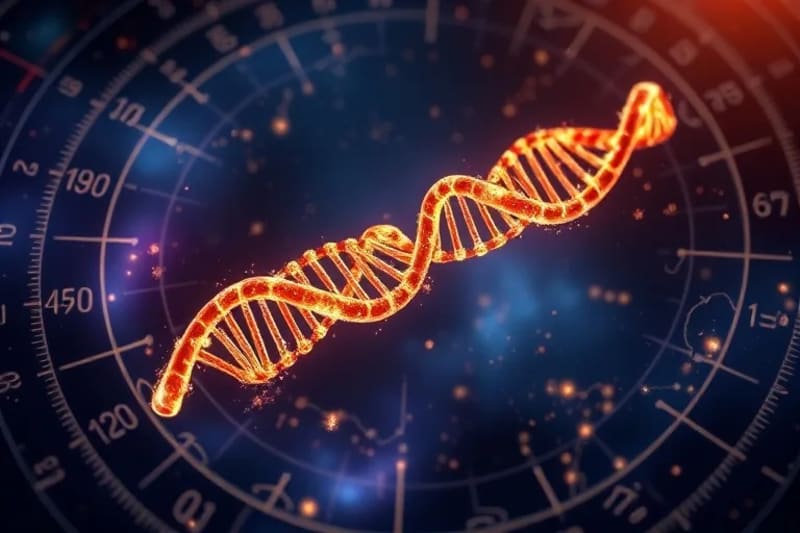 Doble hélice de ADN con símbolos astrológicos