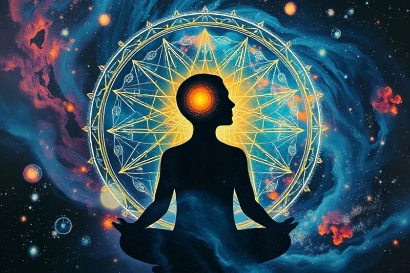 Figura meditativa conectando con energías cósmicas