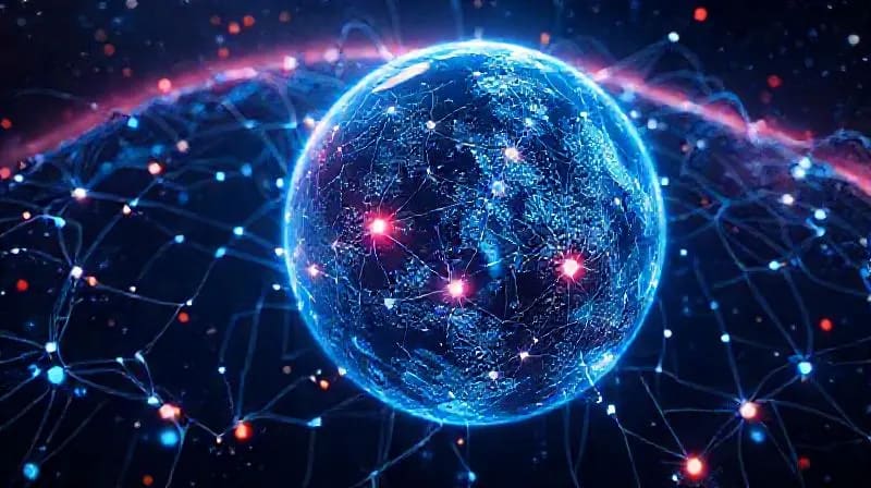 An intricate network of interconnected AI neural pathways glowing with ethereal light, superimposed over a stylized representation of a distant exoplanet, conveying complexity and power.