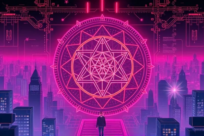 Patrones de geometría sagrada integrados en el diseño de una ciudad moderna, con figuras humanas meditando.