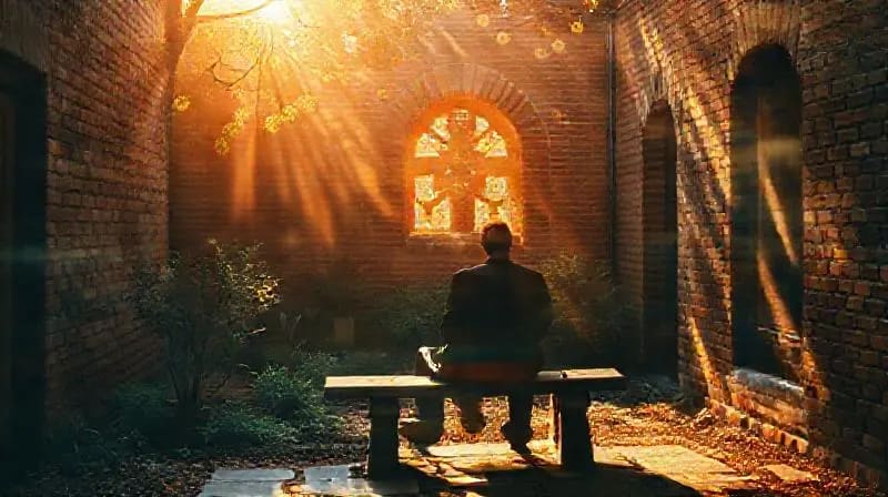 Figura solitaria meditando en un jardín urbano oculto, con elementos de diseño que sugieren geometría sagrada.