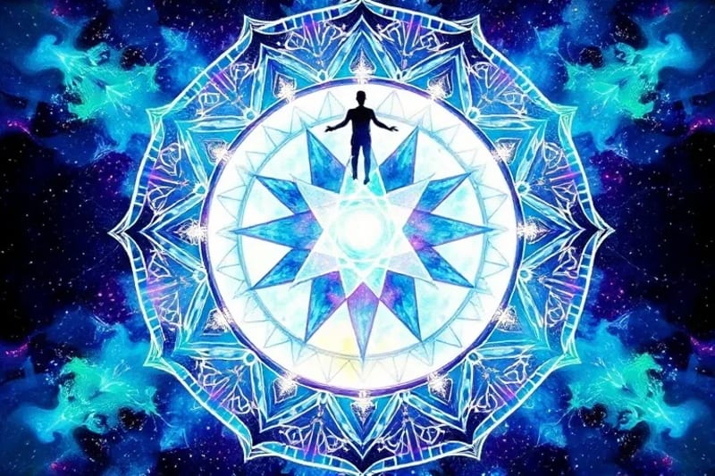 Pintura acuarela abstracta de energía planetaria fluyendo a través de una figura humana hacia un cristal central.