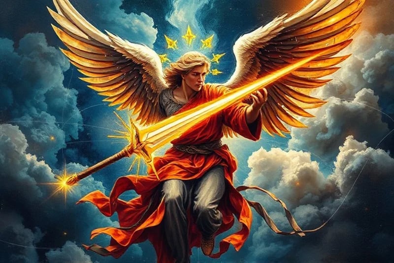 Representación digital de la intervención del Arcángel Miguel, con una espada de luz desintegrando código malicioso y redes de ciberamenazas.
