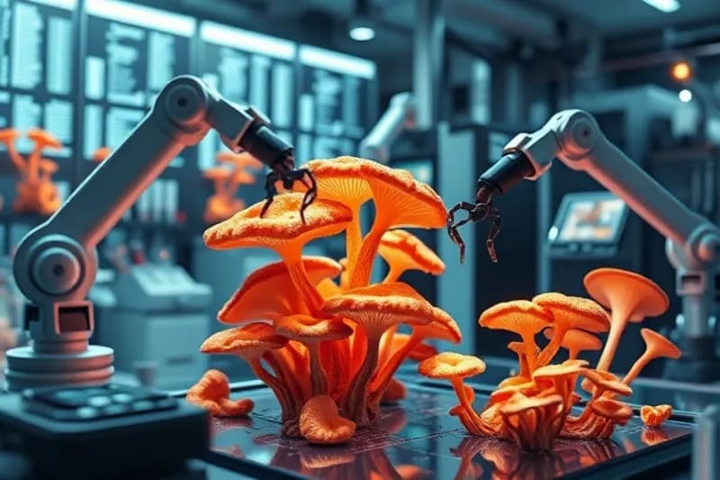 A sophisticated 3D render of a laboratory environment, featuring robotic arms precisely manipulating molecular structures of fungal enzymes, surrounded by advanced bio-printers and holographic interfaces.