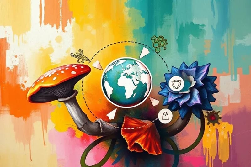 A vibrant vector art infographic illustrating the circular economy, with fungi actively engaged in waste breakdown, biofuel production, and creation of sustainable mycelium-based materials, all interconnected by arrows around a stylized globe.