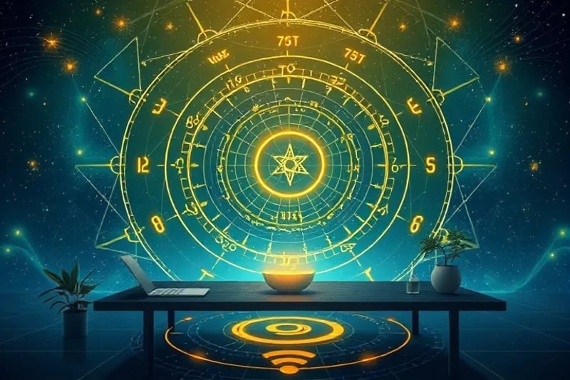 Representación abstracta del flujo de energía (Qi) entre un espacio físico y uno virtual, con colores armoniosos.